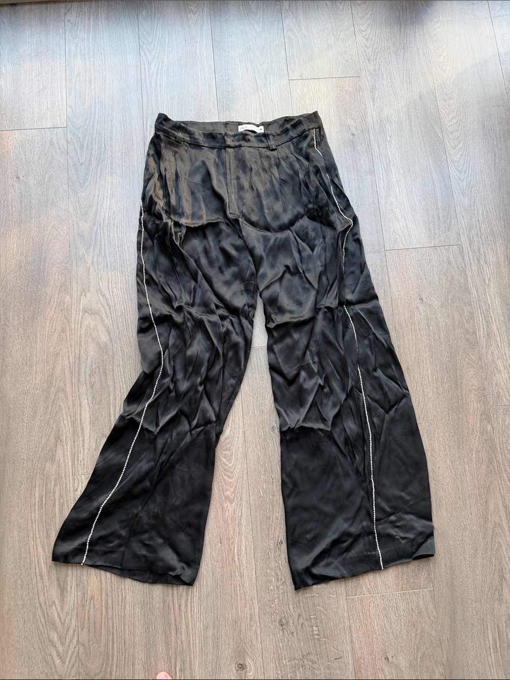 Zara Black Wide-Leg Men's Pants with Side RHINESTONES Stitching